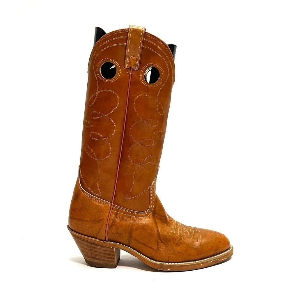 Vintage 1970s mens tan leather mid calf western keyhole cutout cowboy boots